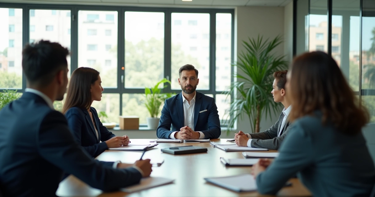 Equipe em reunião com líder ouvindo atentamente 