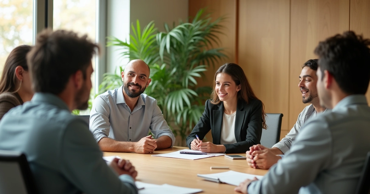 Equipe em reunião com liderança consciente 