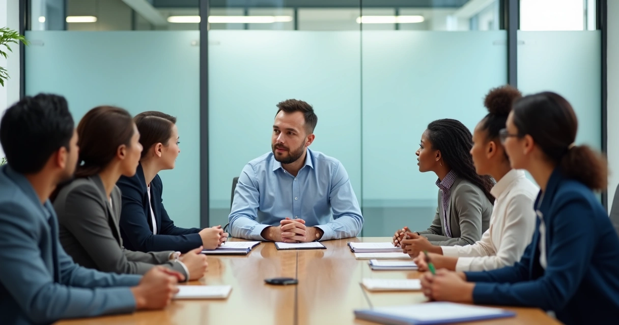 Equipe em reunião com líder ouvindo o grupo