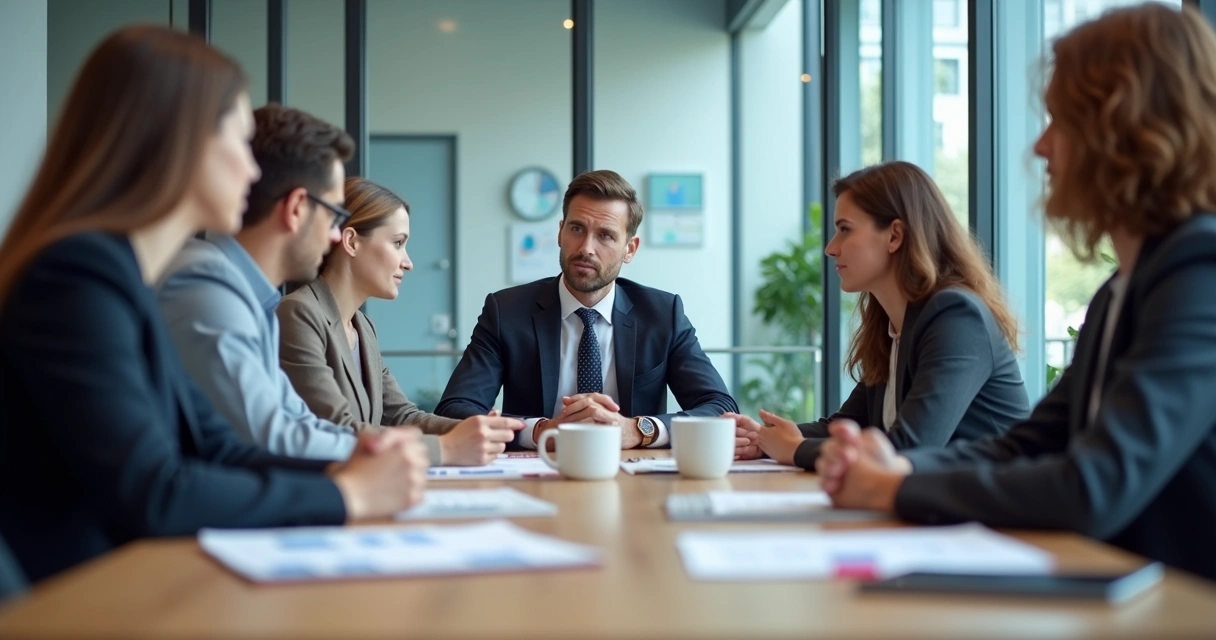 Equipe em reunião com líder ouvindo atentamente