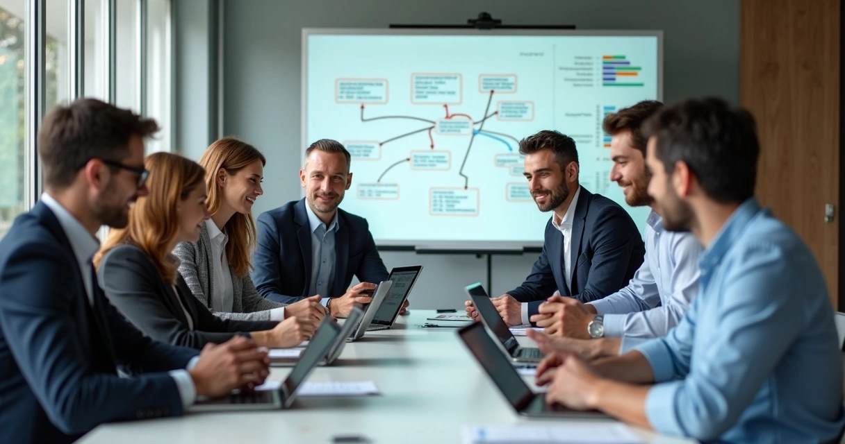 Reunião de líderes em uma mesa discutindo estratégias com tablets e gráficos 