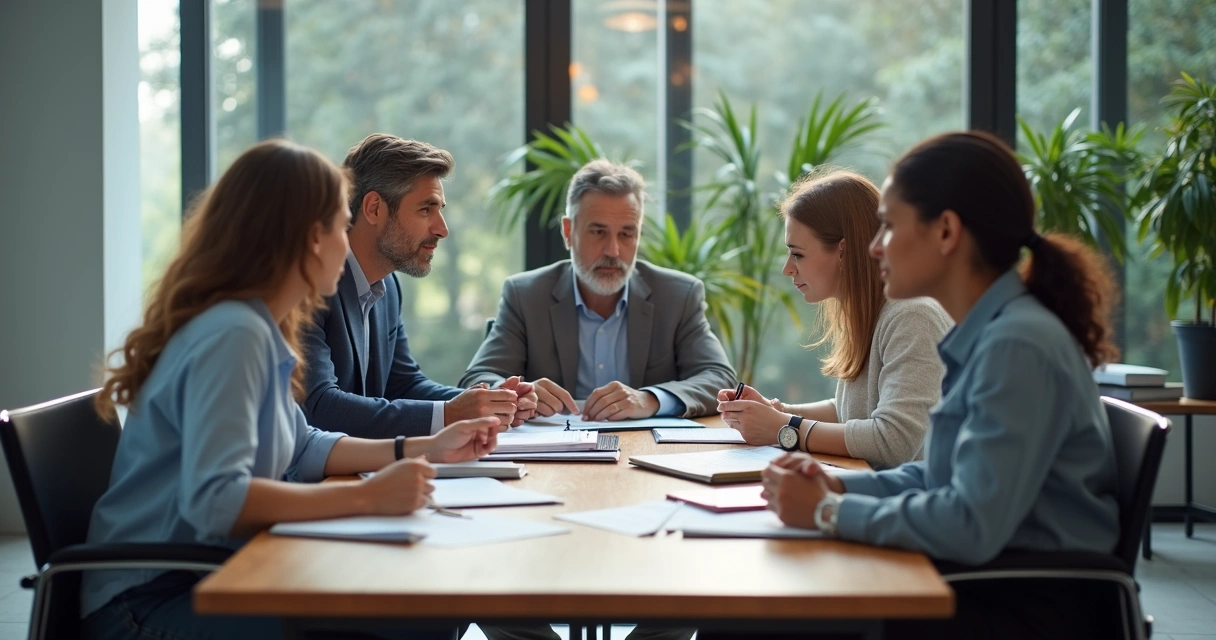 Lideranças diversas em reunião corporativa 