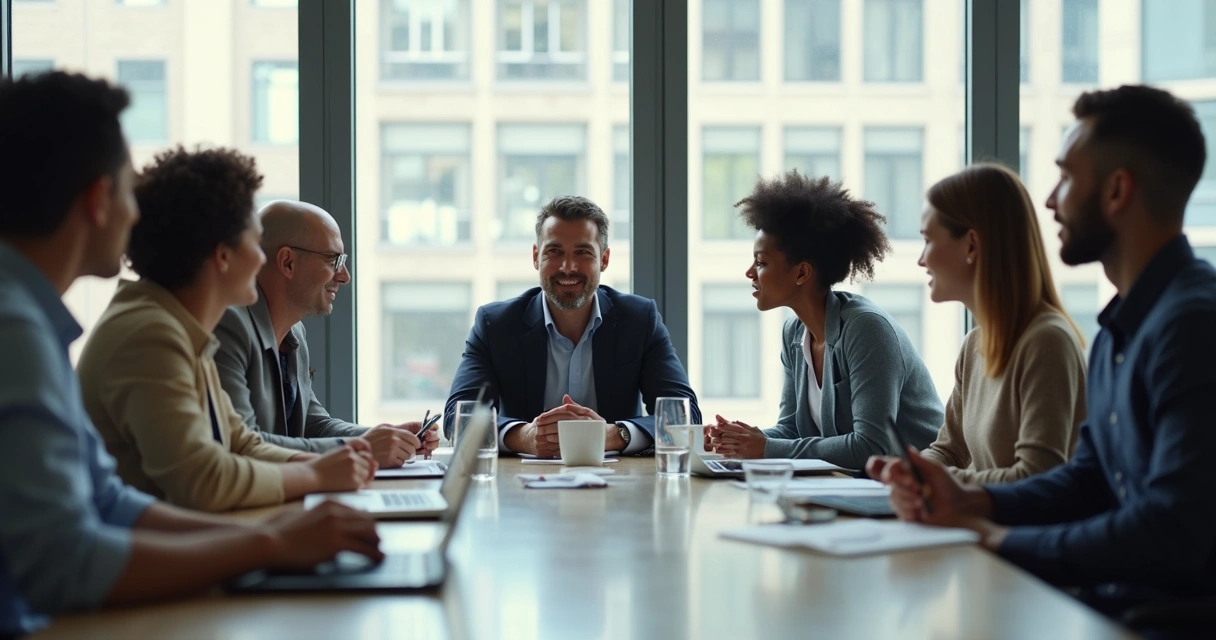 Líder em reunião com equipe multicultural em ambiente corporativo 