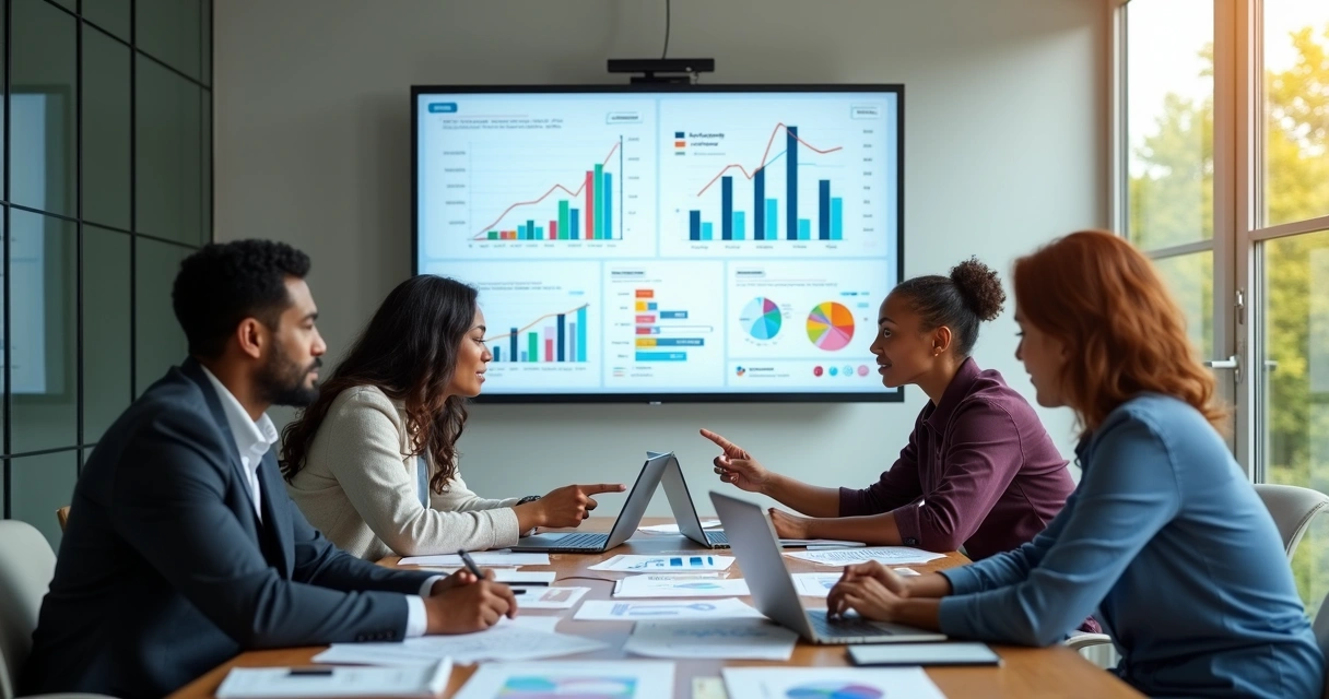 Equipe reunida em sala de reunião analisando informações e gráficos em um monitor 
