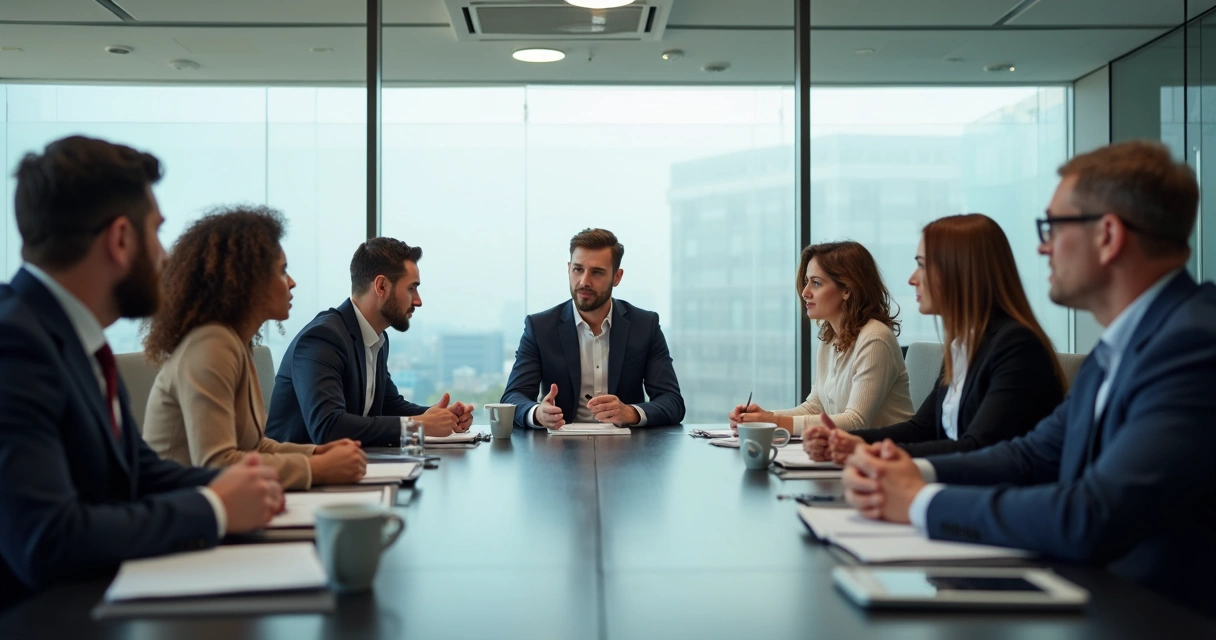 Líder conduzindo reunião calma com equipe atenta em escritório moderno 