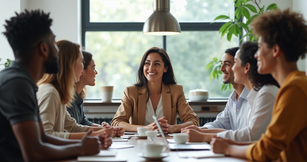 Reunião de equipe com líder equilibrado e atento 