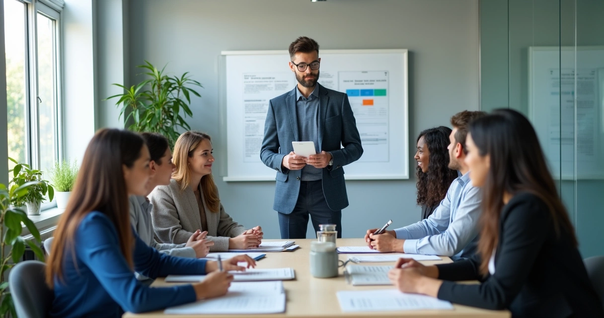 Líder em reunião com equipe colaborando em escritório moderno 