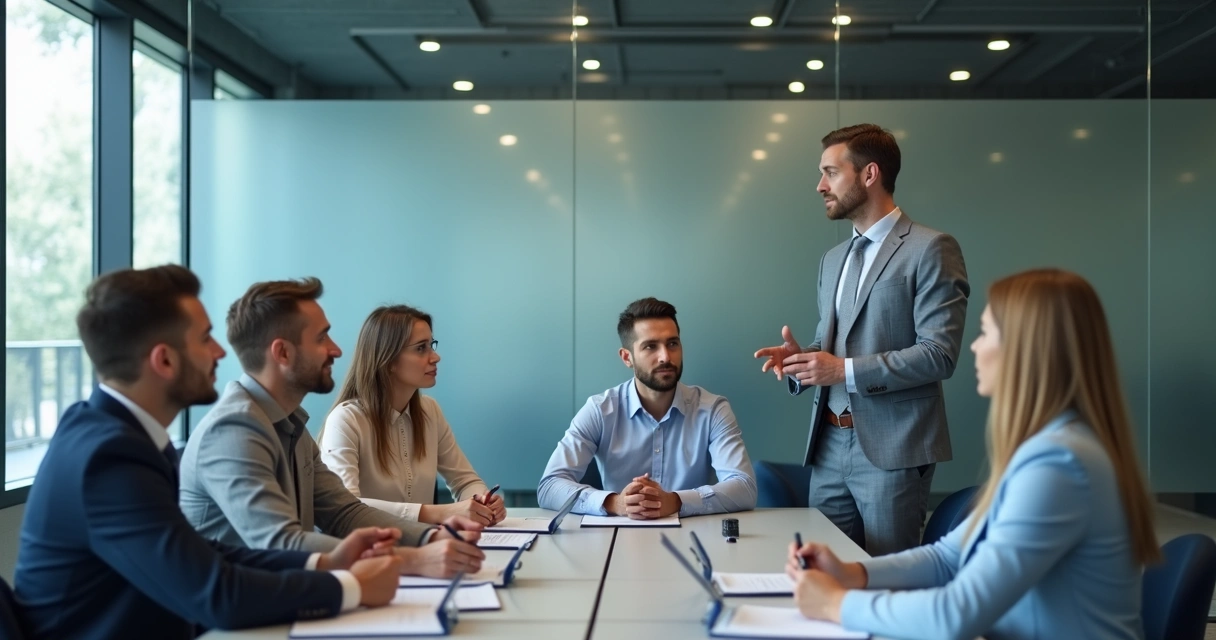 Pessoa conduzindo reunião com equipe em escritório moderno