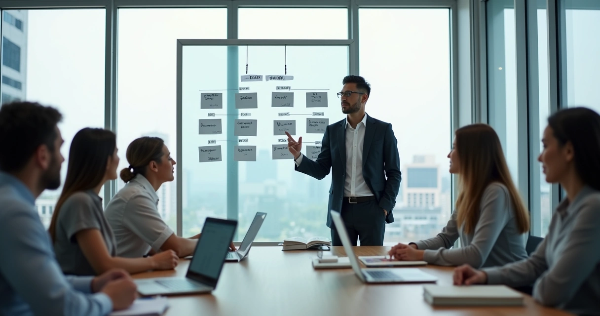 Equipe em reunião observando líder apresentar metas em quadro 
