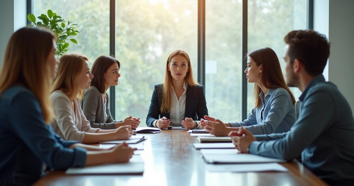 Líder conduzindo reunião com escuta ativa e equipe atenta
