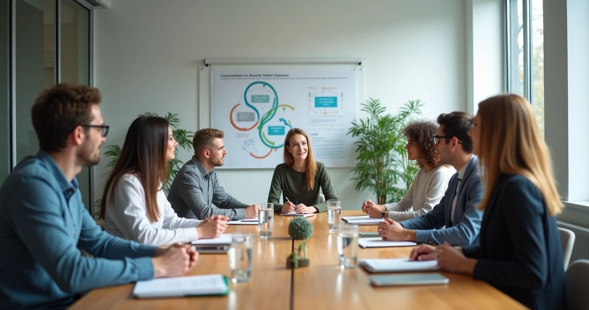 Equipe em reunião com escuta ativa e quadro de planejamento 