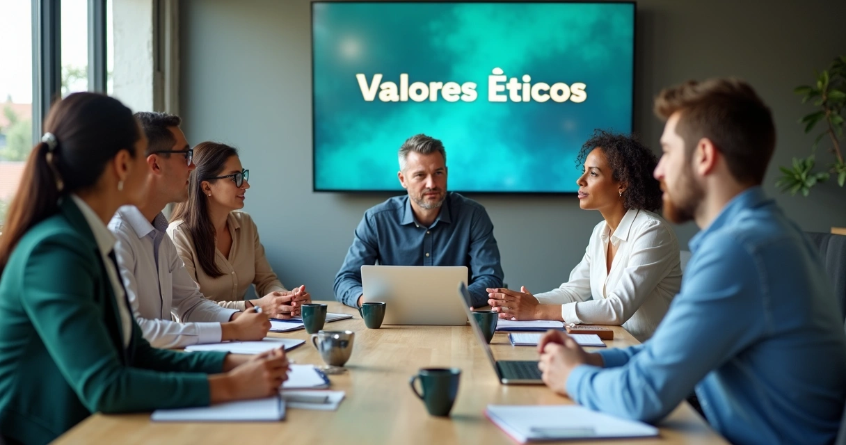 Equipe em reunião discutindo princípios éticos 