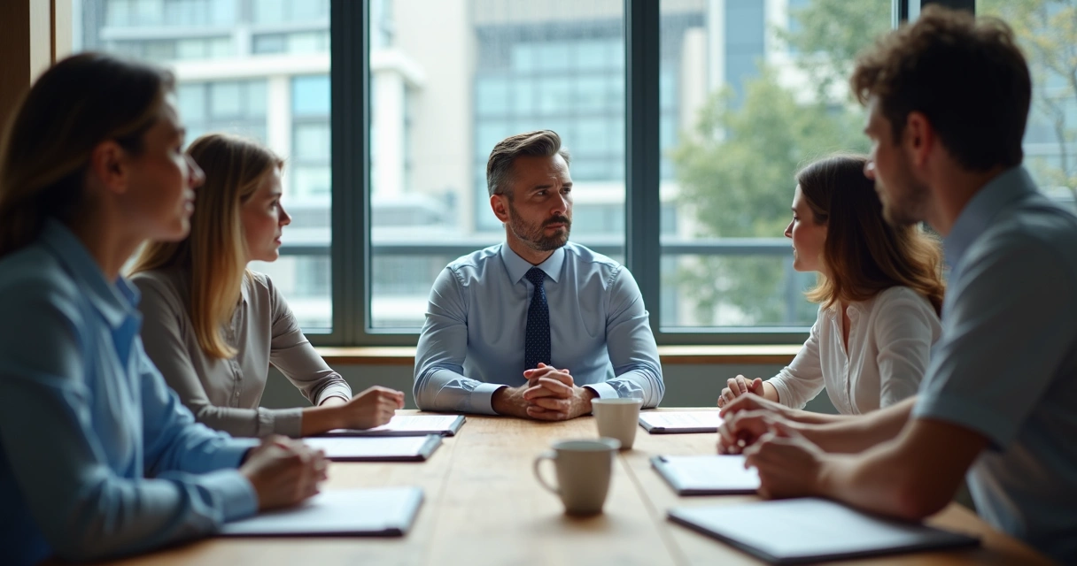 Equipe em reunião com líder atento e clima profissional 