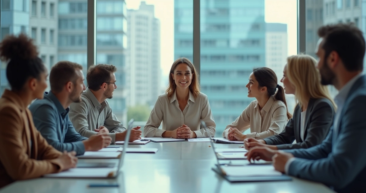Mulher liderando reunião com equipe em escritório moderno 