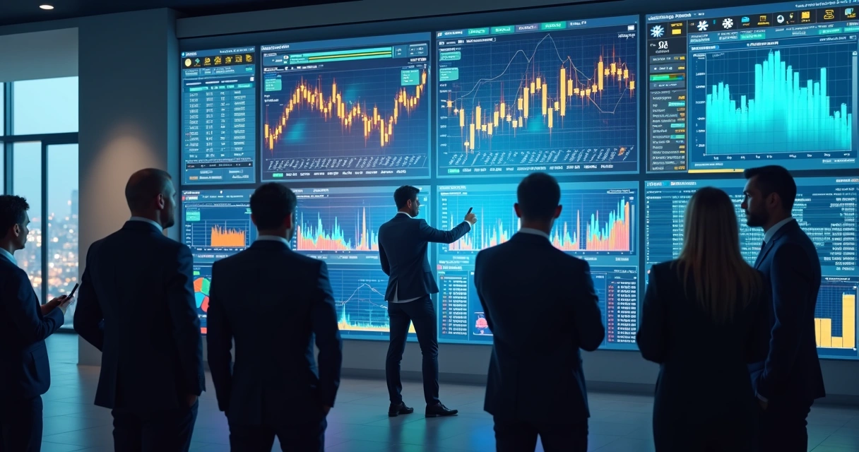 Equipe de liderança avaliando números financeiros em painéis digitais 
