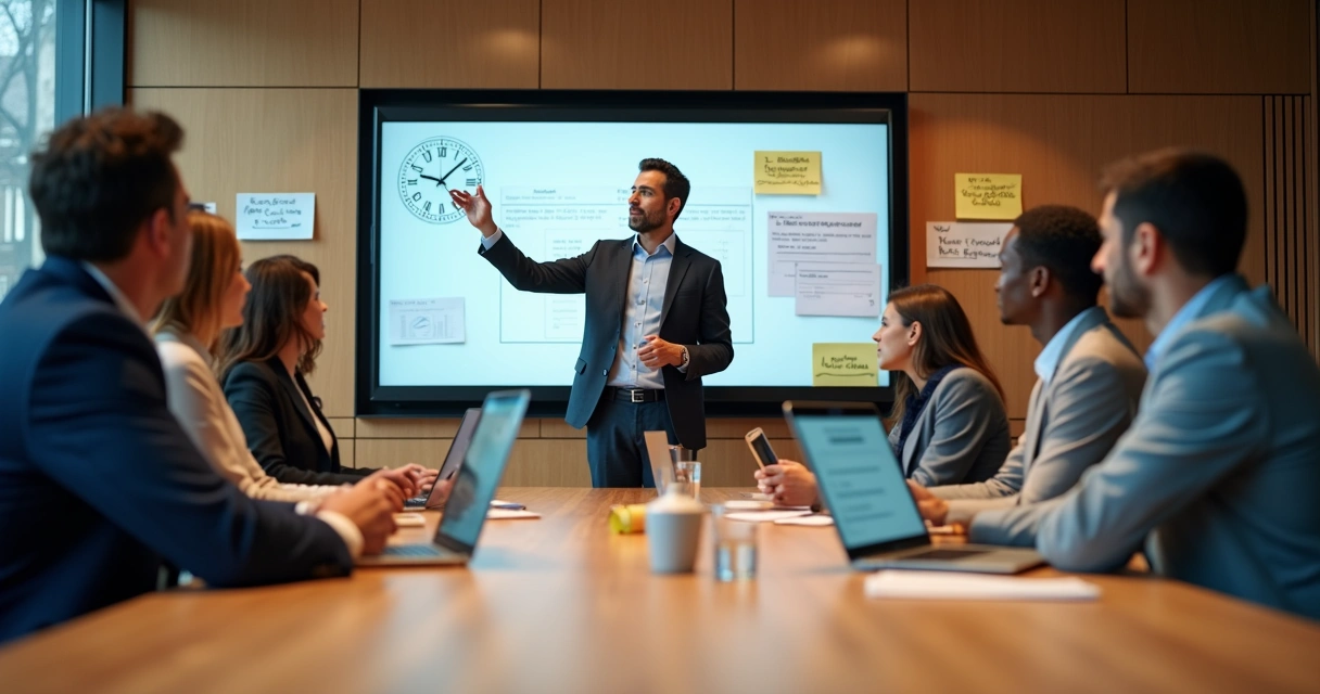 Reunião de líderes debatendo gestão do tempo em sala moderna