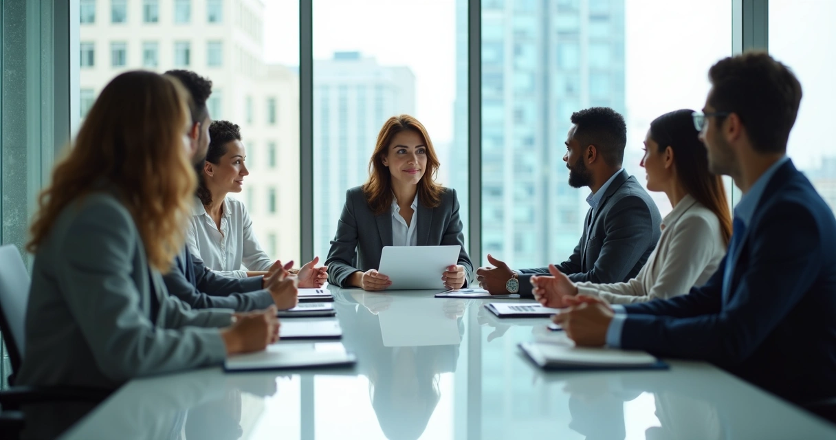 Reunião de equipe com liderança feminina em ambiente corporativo 