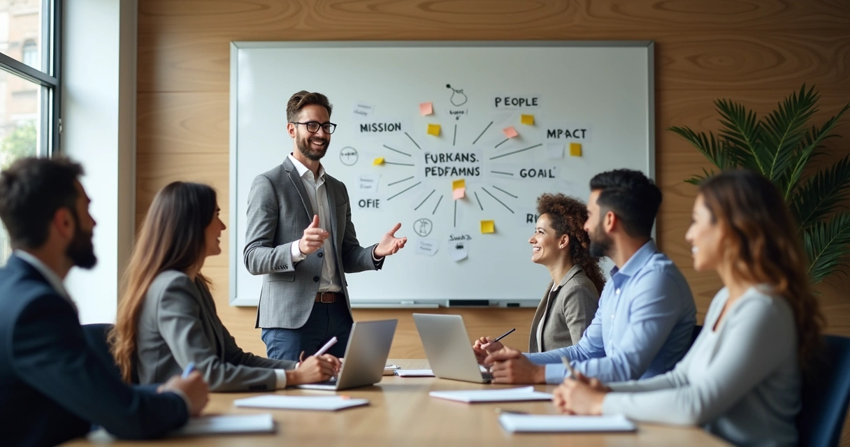 Líder conduzindo reunião com equipe em torno de objetivos visuais