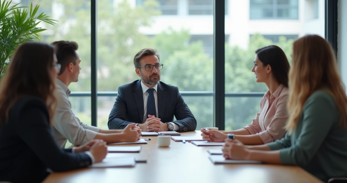 Liderança em reunião com momento de escuta e reflexão