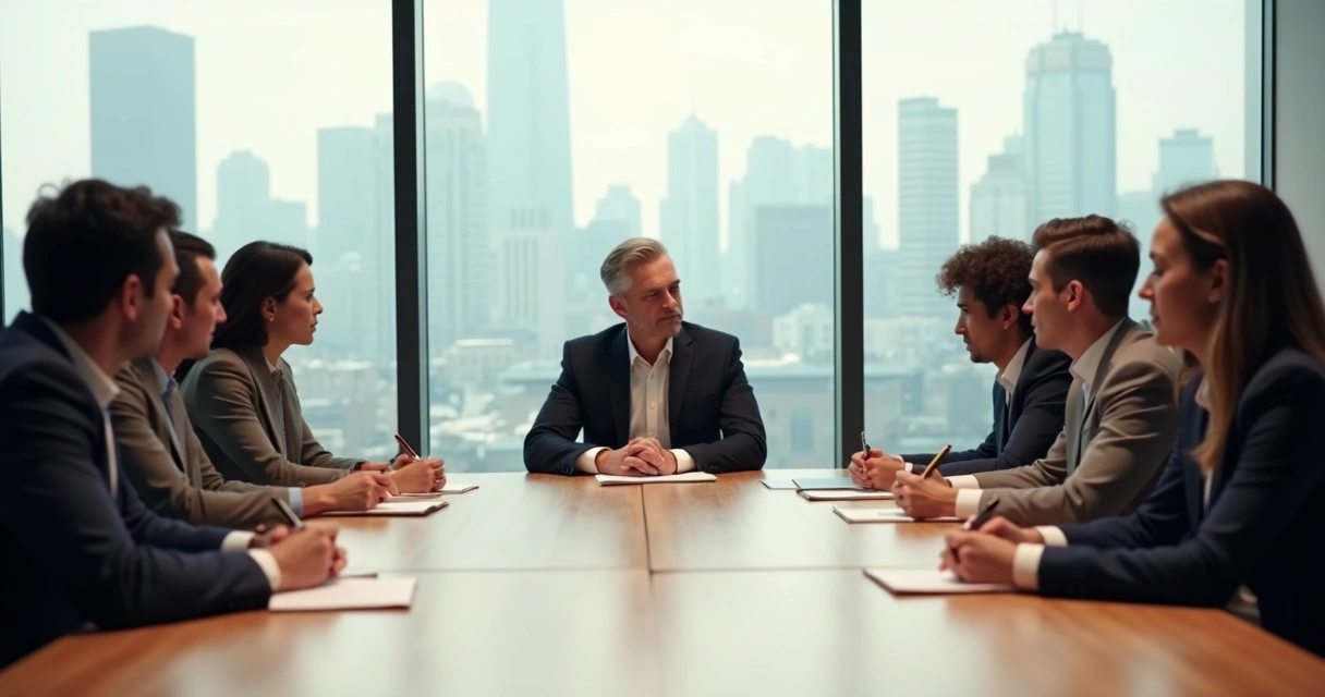 Líder em silêncio consciente observando reunião de equipe em sala moderna 