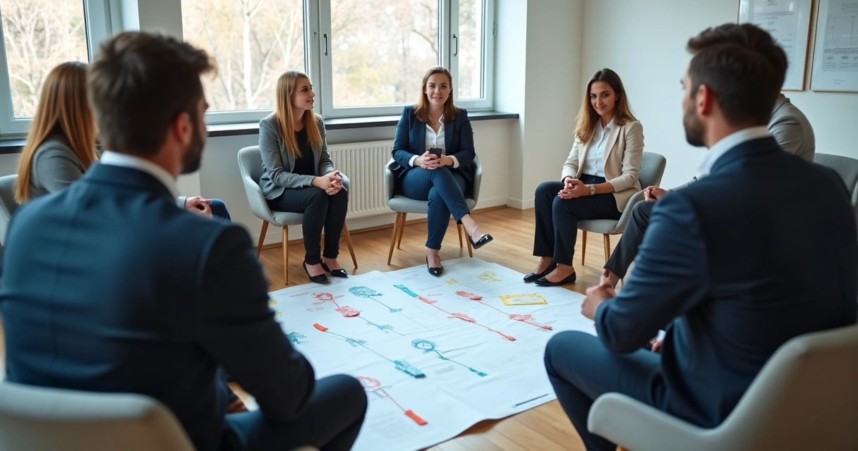 Equipe em reunião observando dinâmica de liderança sistêmica 