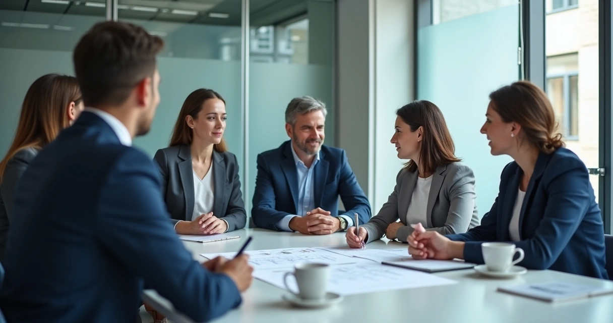 Equipe em reunião com líder observando interações e anotações 