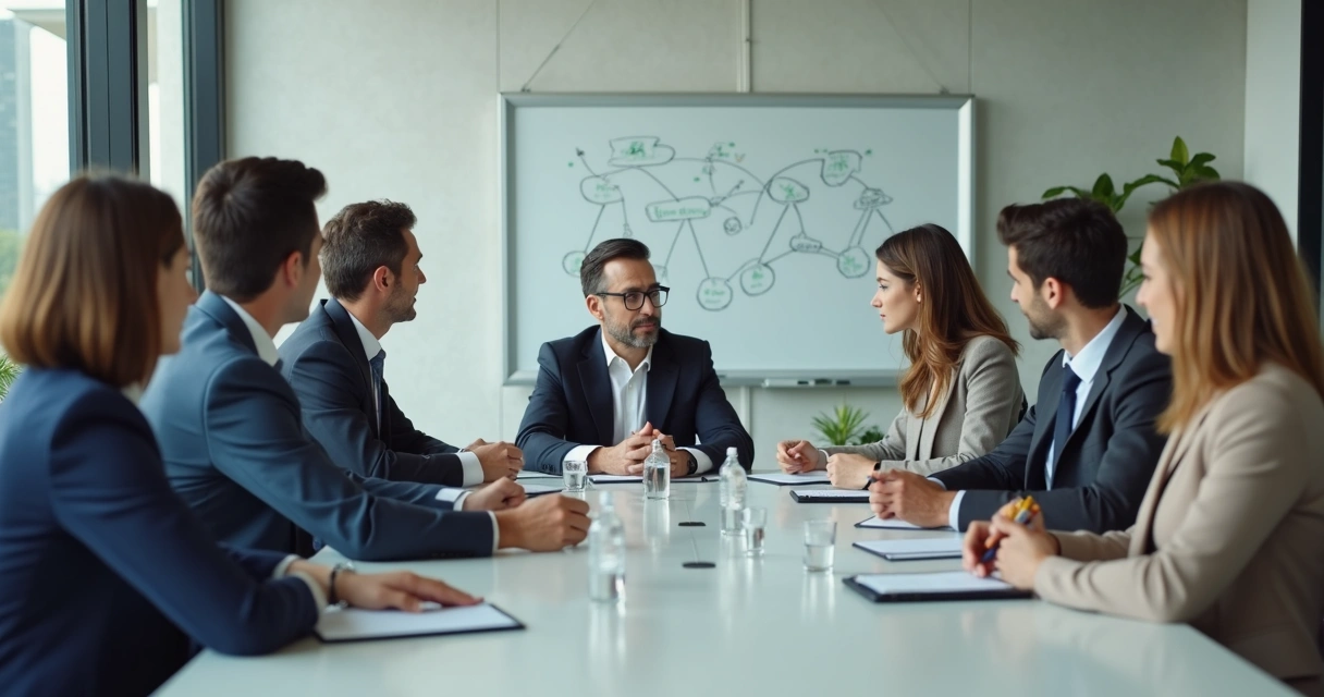Equipe em reunião observando dinâmica de liderança