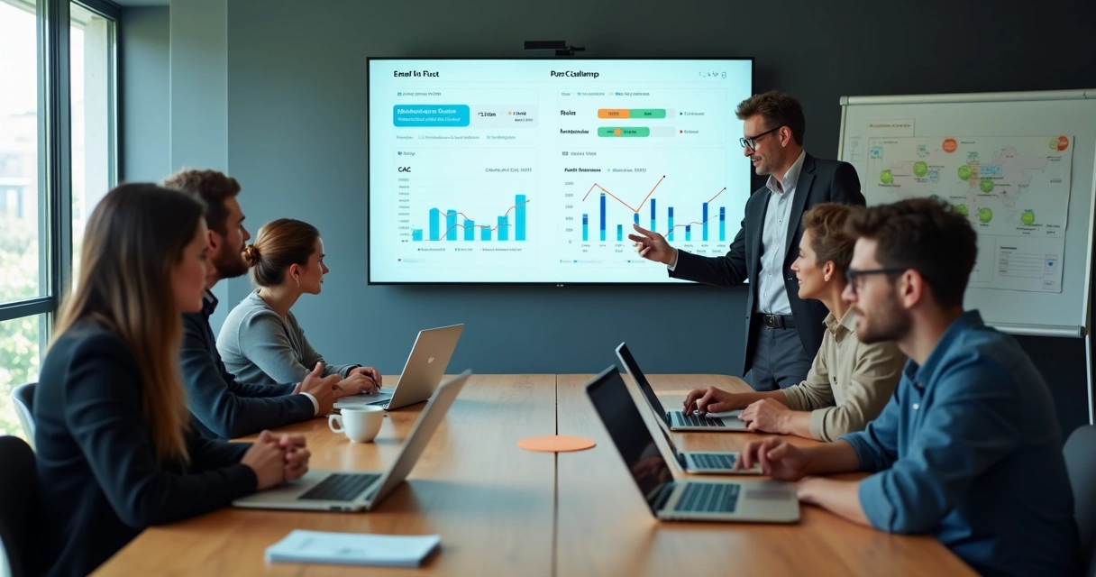 Reunião de liderança em startup com painel de métricas 