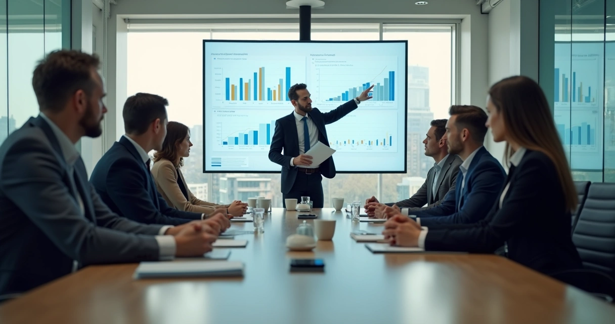 Reunião corporativa com líder centralizador e equipe em silêncio