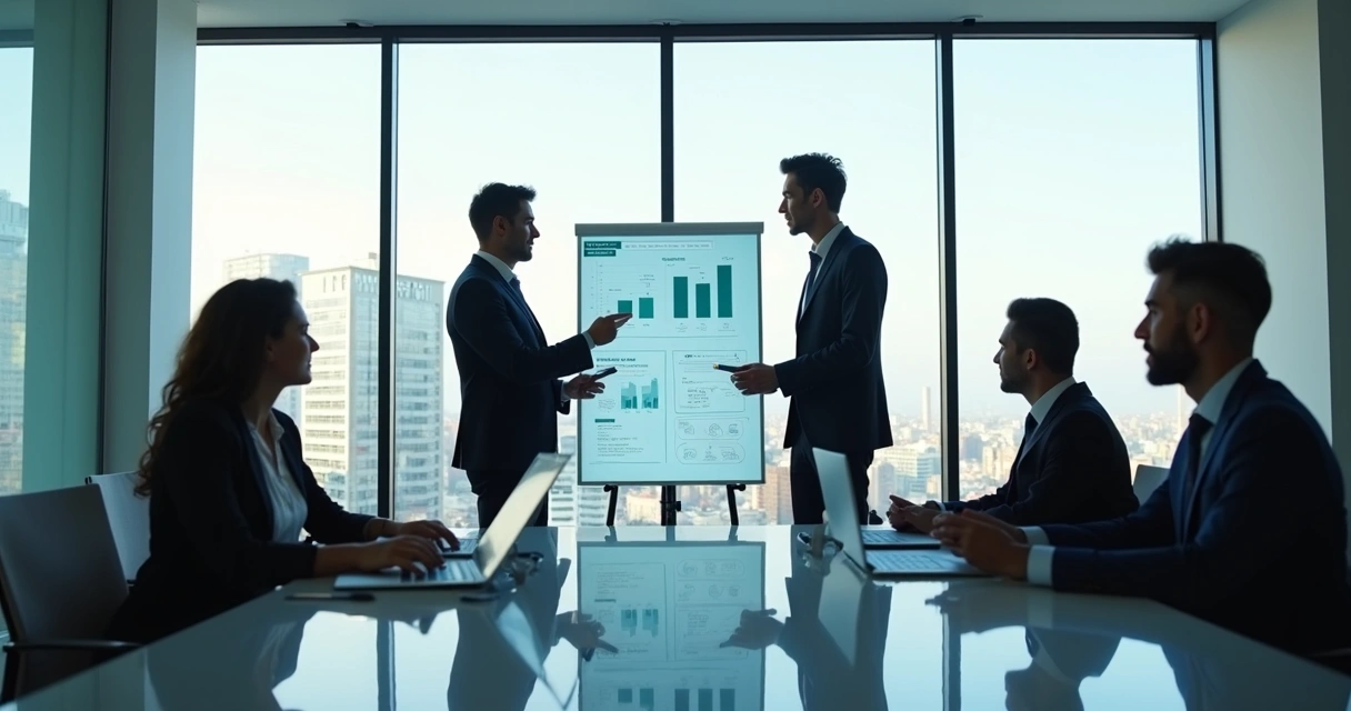 Líder apresentando estratégia ao time em reunião 