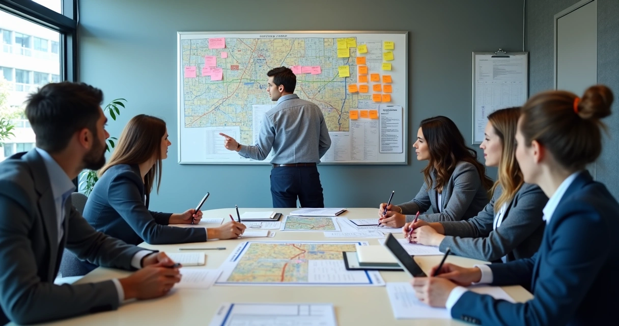 Reunião de equipe política com mapa e anotações 