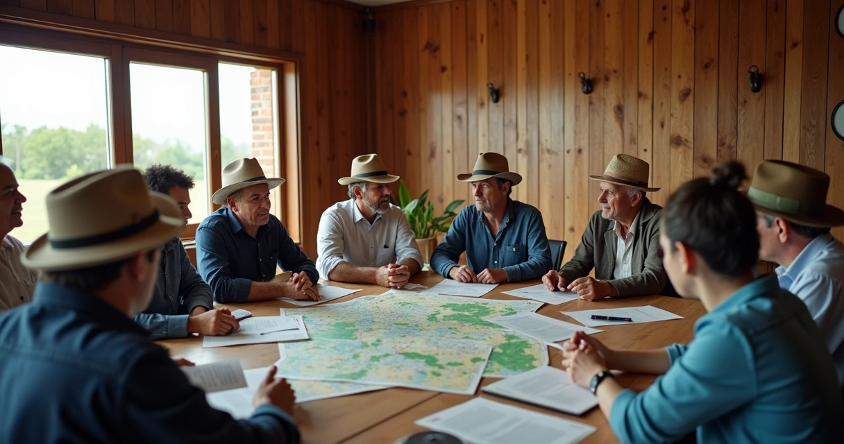 Reunião de lideranças rurais paranaenses com documentos e mapas sobre uma mesa.
