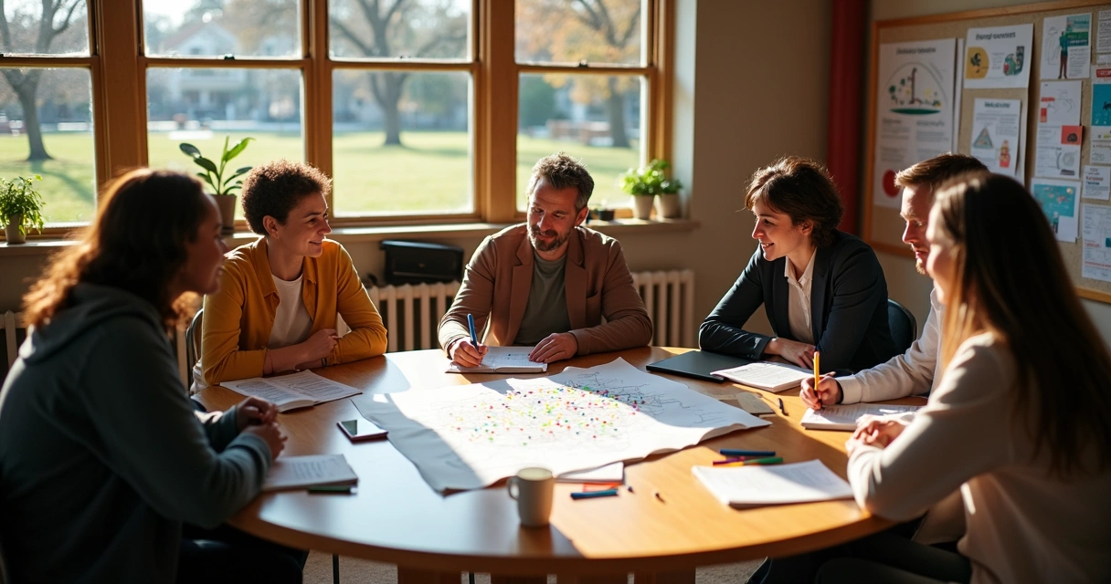 Reunião de líderes comunitários e assessor político em mesa redonda 