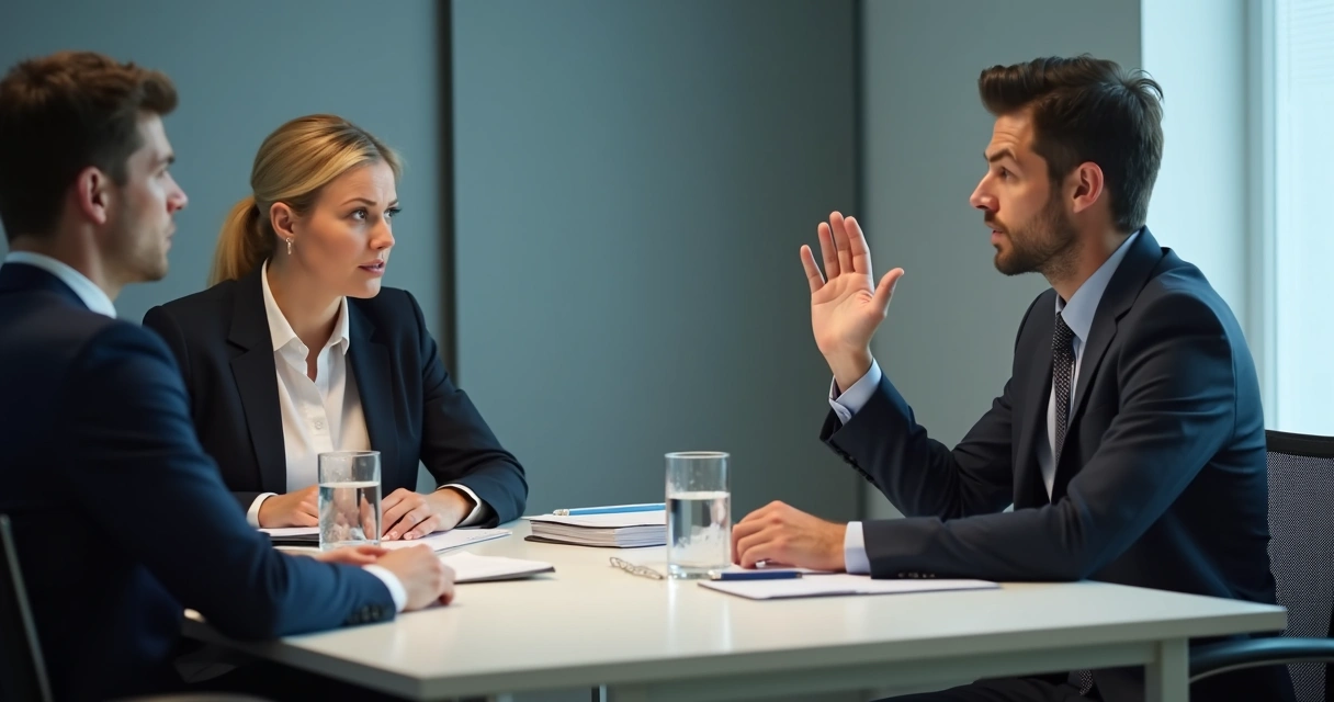 Pessoa sinalizando limite em reunião profissional