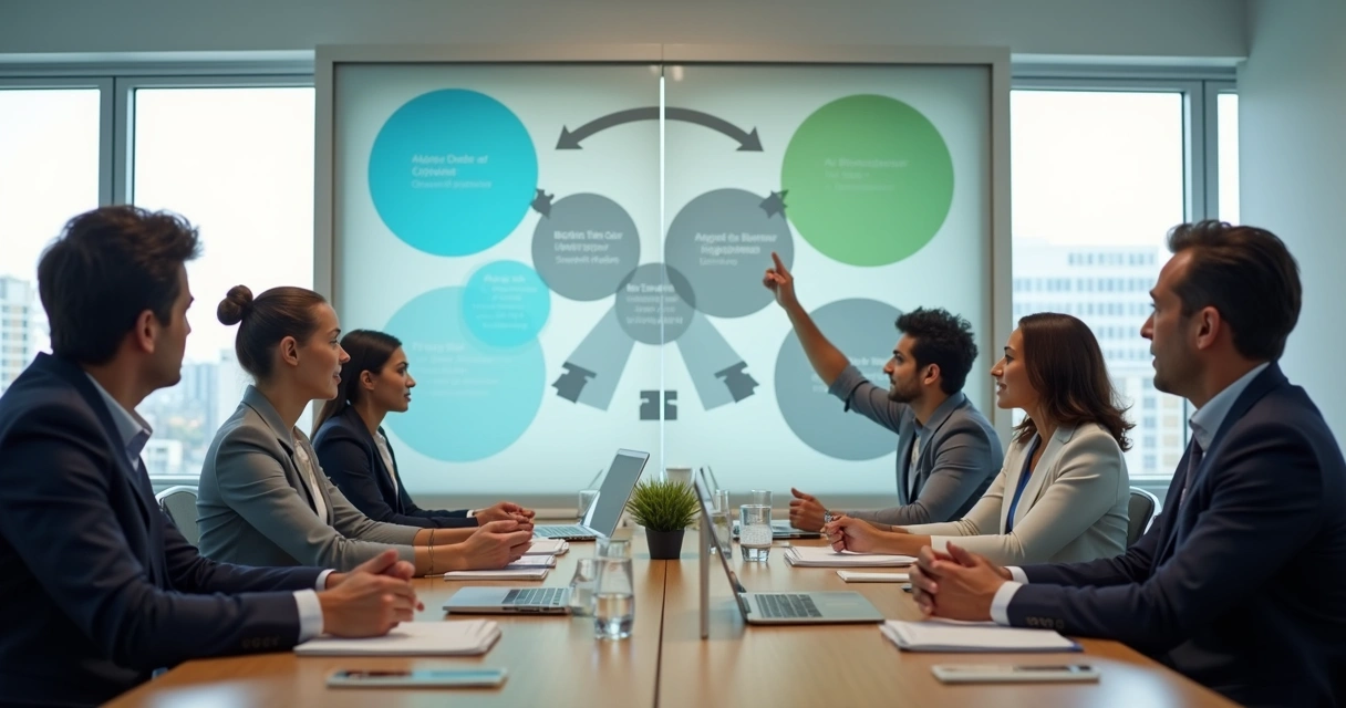 Equipe em reunião diante de quadro com círculos de limites 