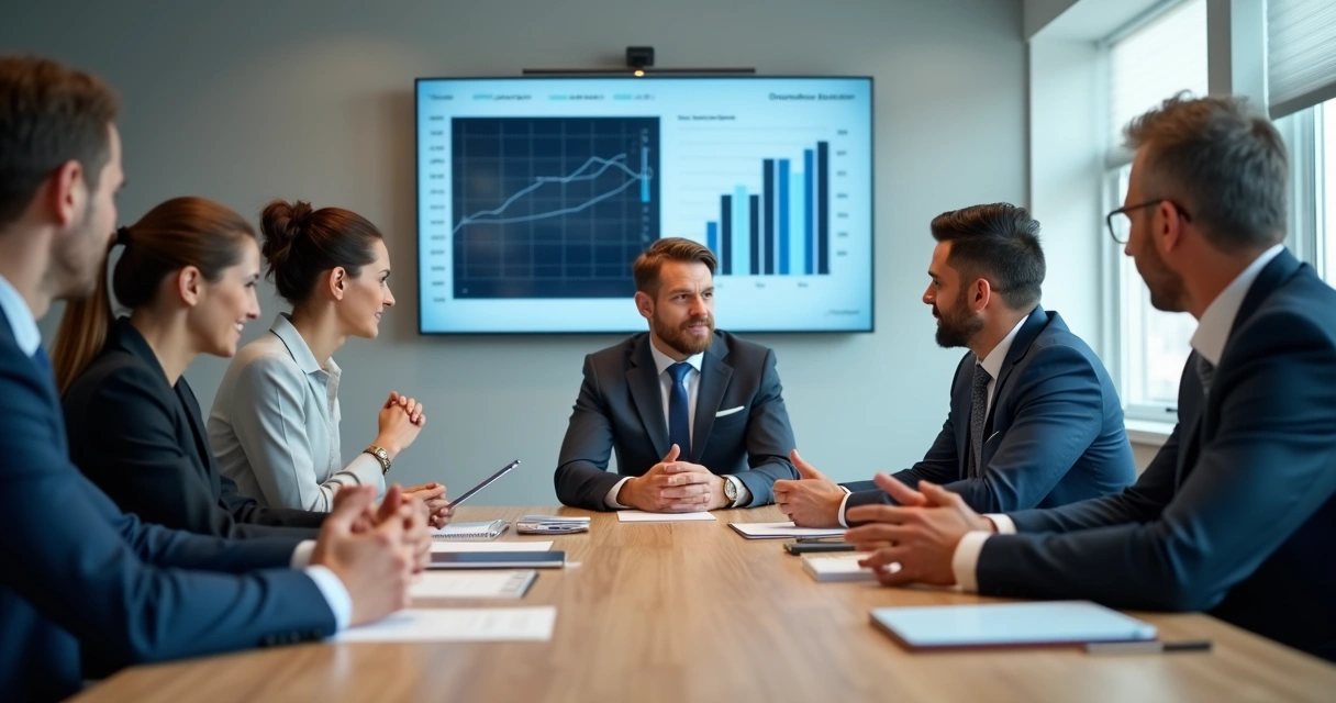 Executivos em reunião observando linguagem corporal
