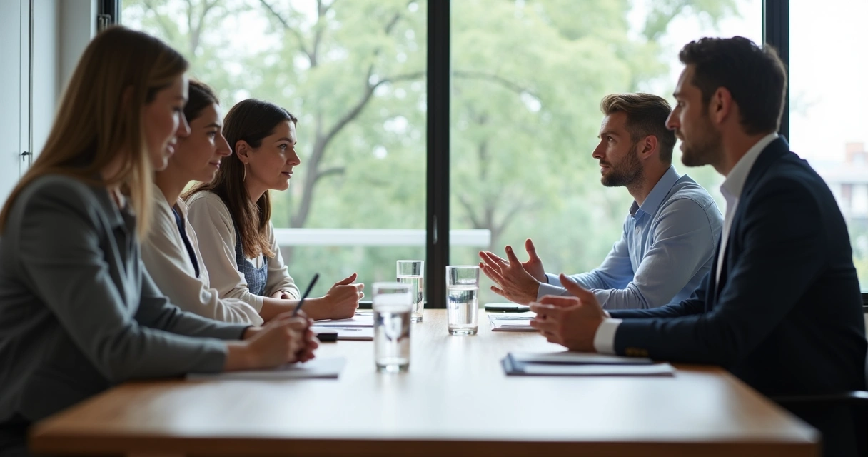 Pessoas em reunião com diferentes posturas corporais e expressões faciais 