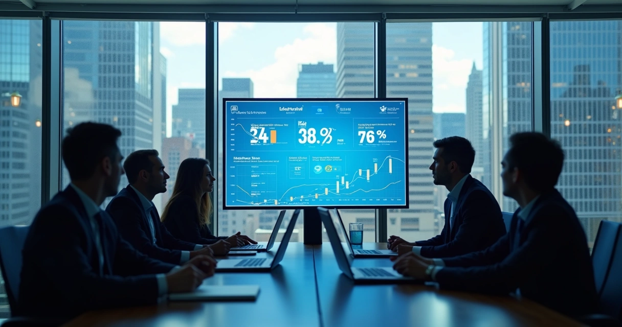 Diretores em reunião analisando dados de leads do LinkedIn 