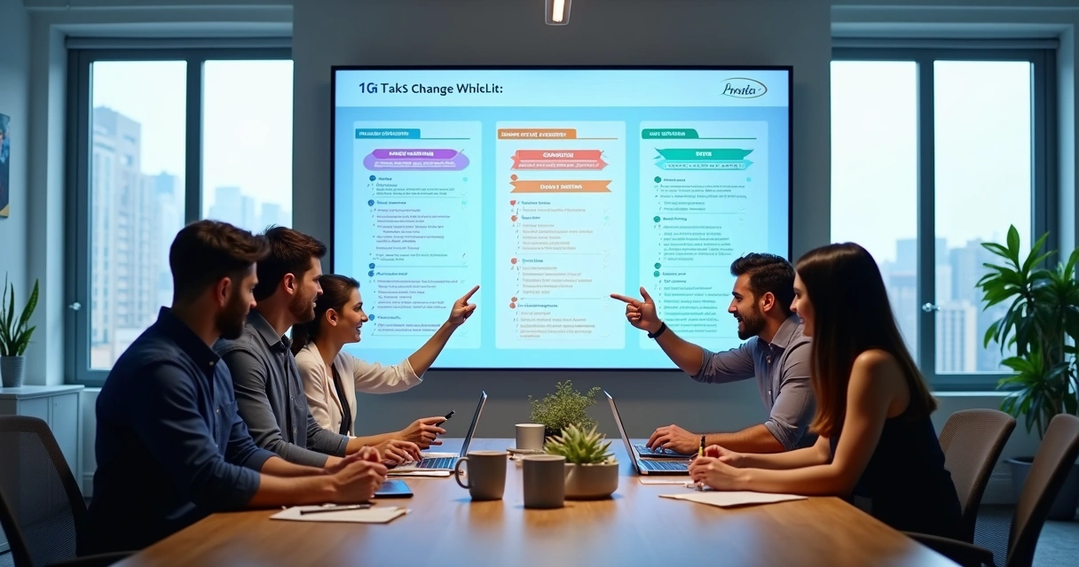Equipe reunida discutindo um checklist digital exibido em tela grande