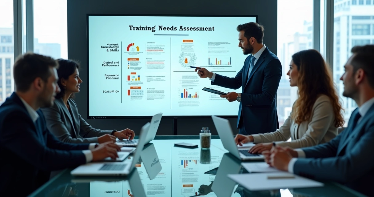 Equipe de RH analisando dados de desempenho em reunião de treinamento 