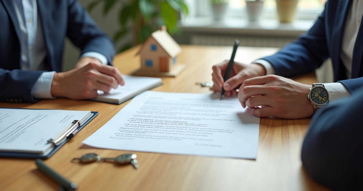 Locador e locatário reunidos com contrato em mesa