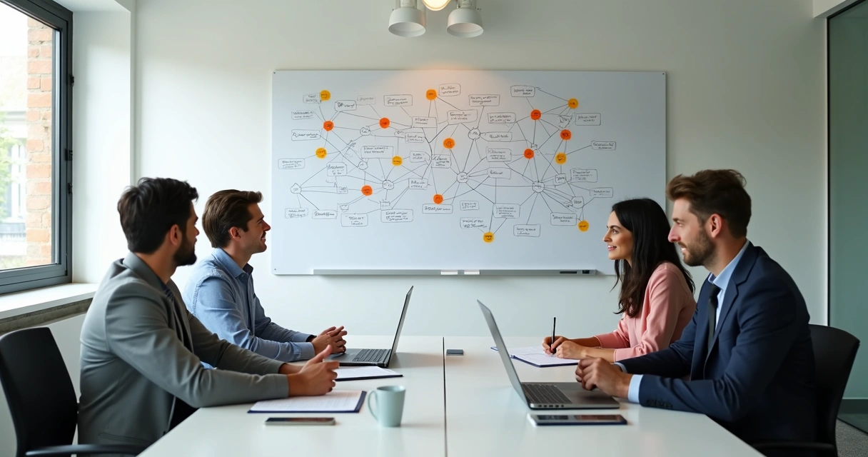 Equipe observando mapa de conexões em reunião