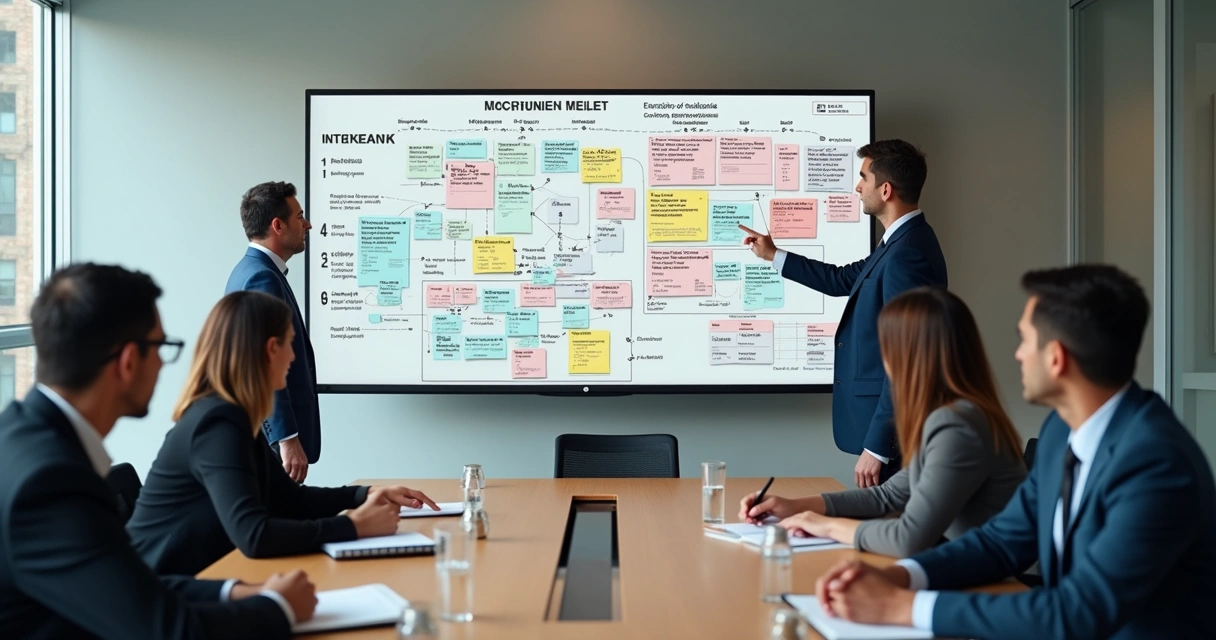 Equipe observando mapa de impactos em uma reunião
