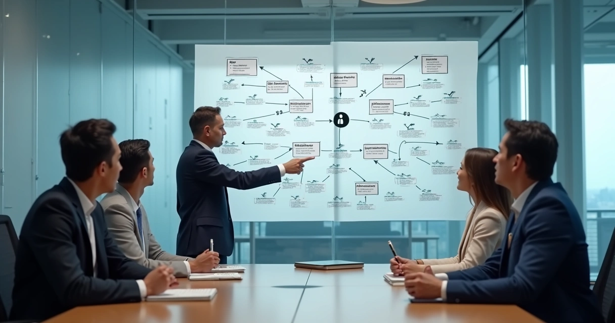 Equipe observando mapa de relações profissionais em reunião 