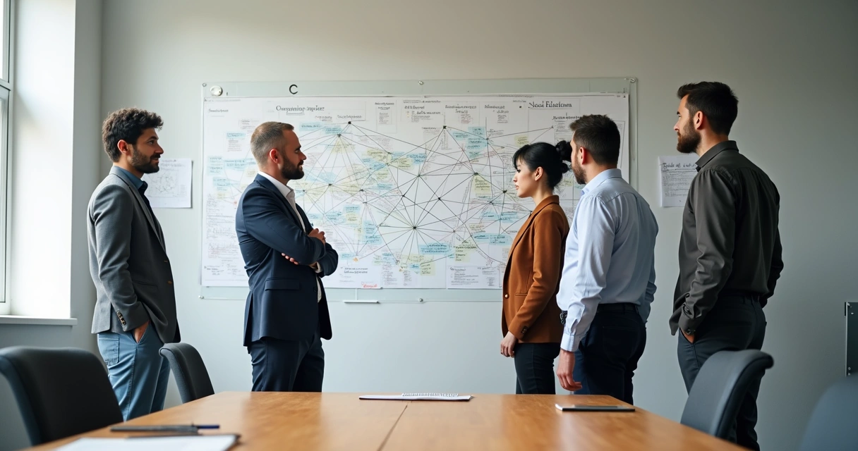 Grupo observando mapa de relações em uma parede