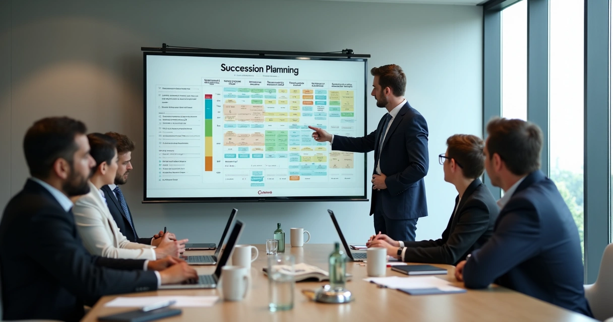 Reunião com mapa de sucessão em painel e líderes analisando posições 