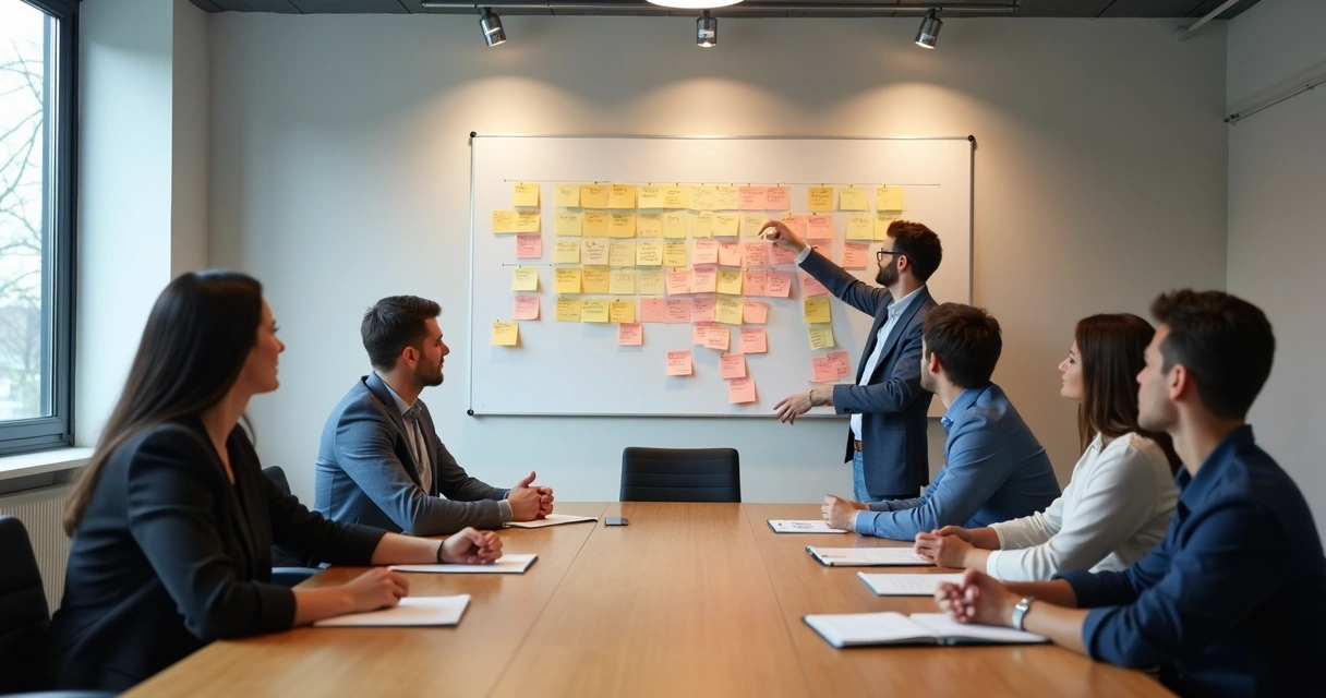 Equipe em reunião observando notas em parede de escritório