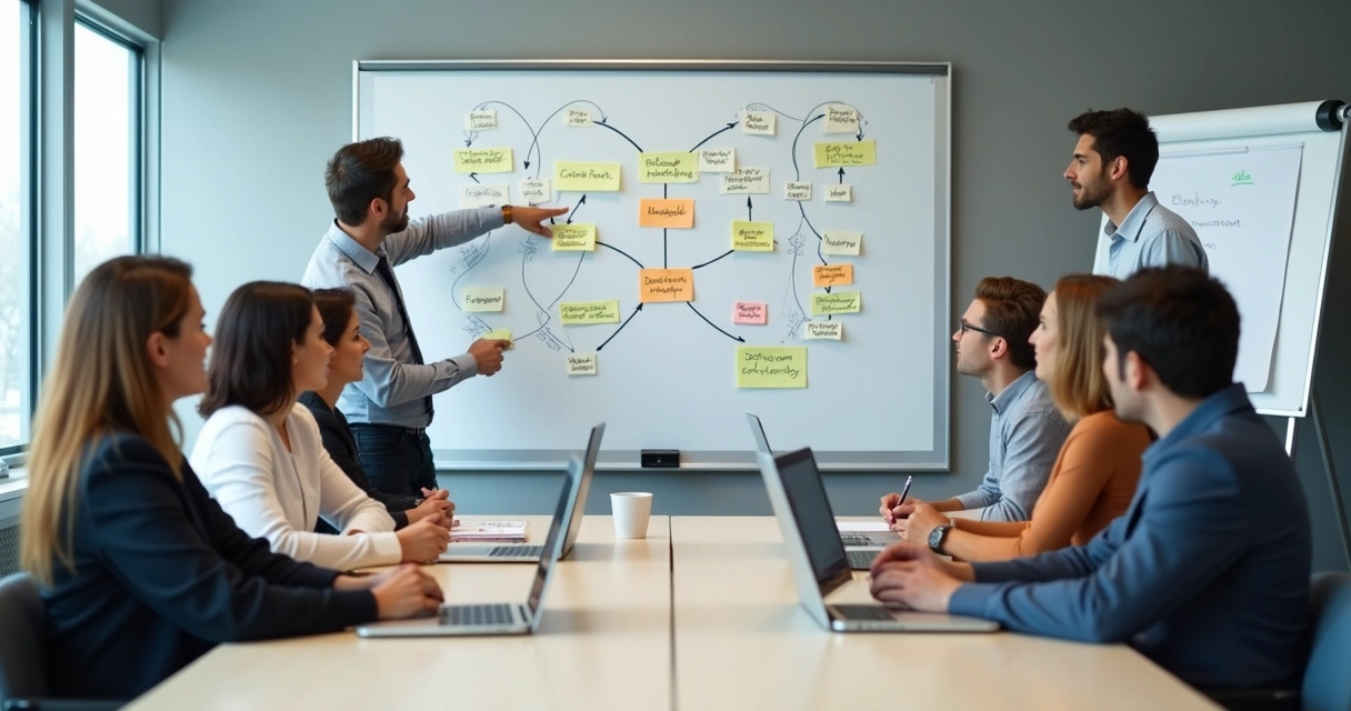 Equipe em reunião analisando papéis em um quadro