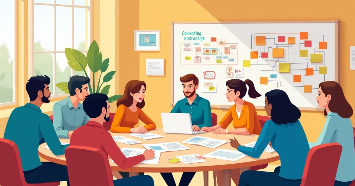 Grupo diverso em reunião, discutindo o mapeamento de processos em um escritório moderno.