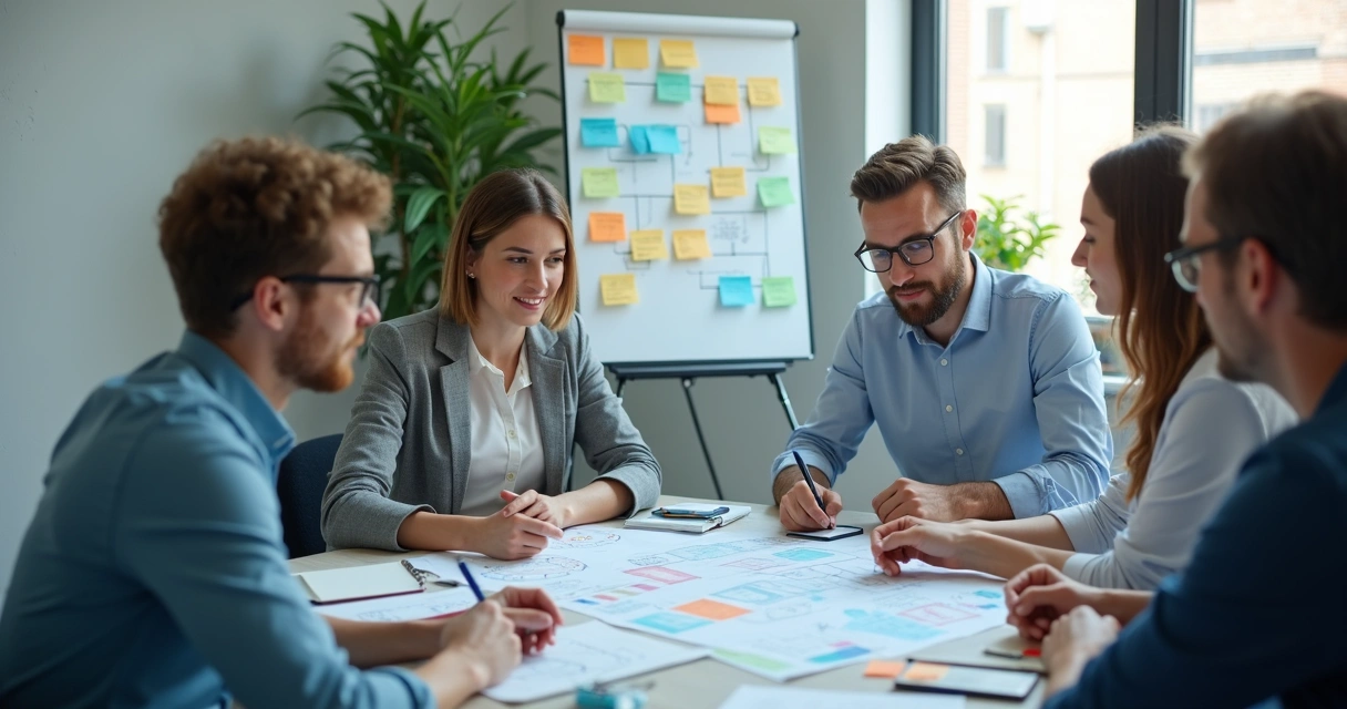 Equipe analisando fluxo de processos em reunião 